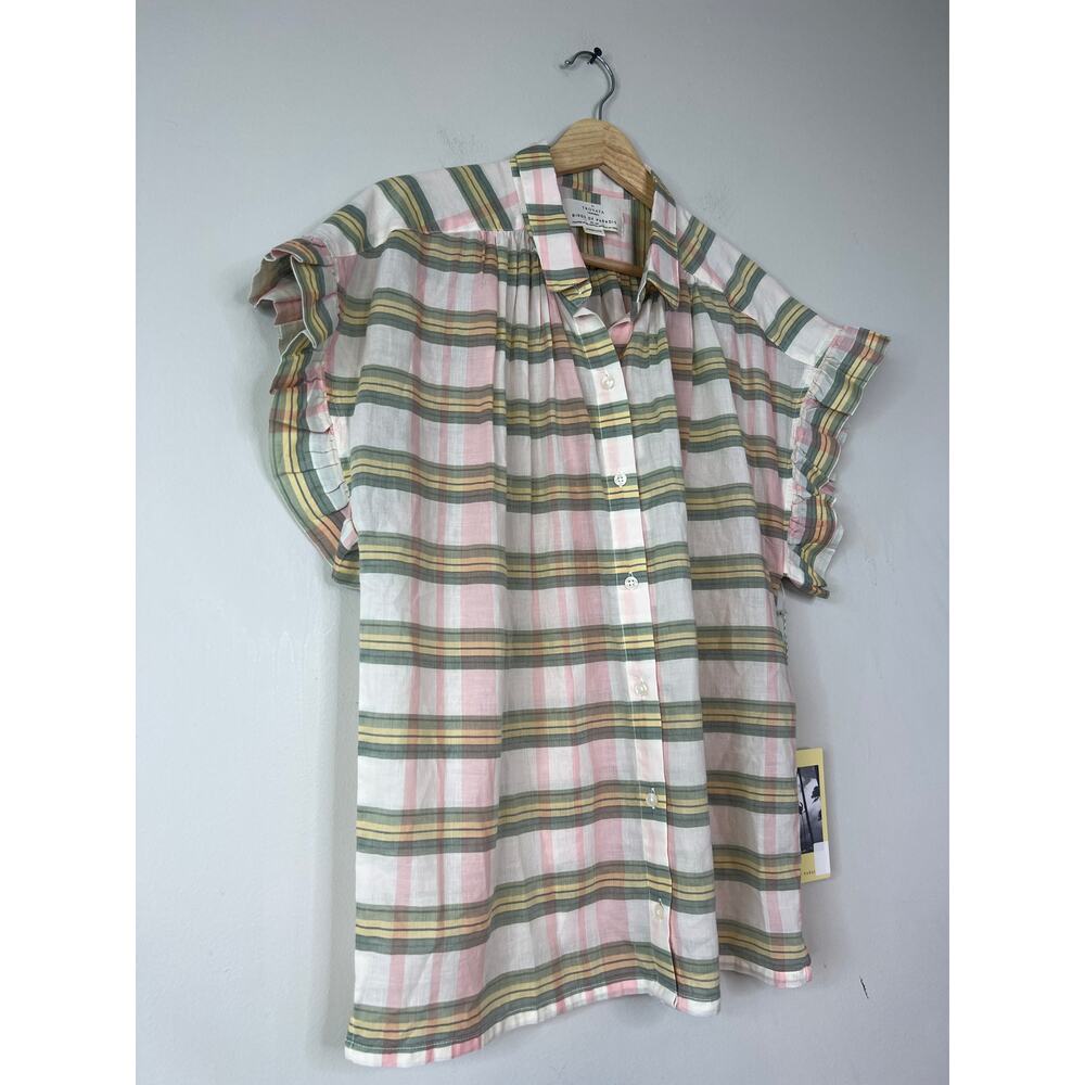 NWT Birds of Paradis Marianne B Ruffle Sleeve Top in Pomela Plaid Green & Pink - Picture 4 of 10